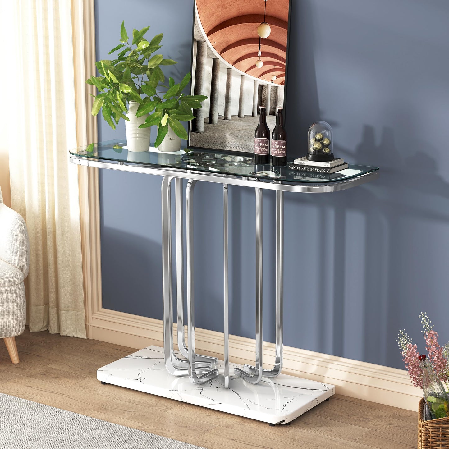 O&K FURNITURE 43" Modern Glass Console Table with Curved Chrome Frame & Faux Marble Base, Silver Narrow Sofa Table for Entryway, Living Room, Hallway, Home Office