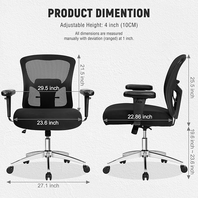 Big and Tall Office Chair 600lbs, Heavy Duty Ergonomic Mesh Chair, Computer Executive Desk Chair with Wide Thick Seat, Adjustable Armrests, Lumbar Support