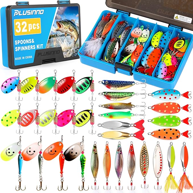 PLUSINNO Fishing Lures Spinner baits for Bass - 16/32 pcs Spinner Lures Kit with Portable Carry Bag, Hard Metal Spinner Ba...