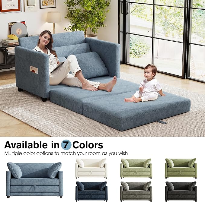 kakuboohi 51" Loveseat Sleeper Sofa Bed, Chenille Convertible Floor Sofa Bed for Small Spaces, Folding Couch Bed with Deep Seat, 2 Pillows & Solid Frame, Pull Out Couch for Living Room, Light Blue
