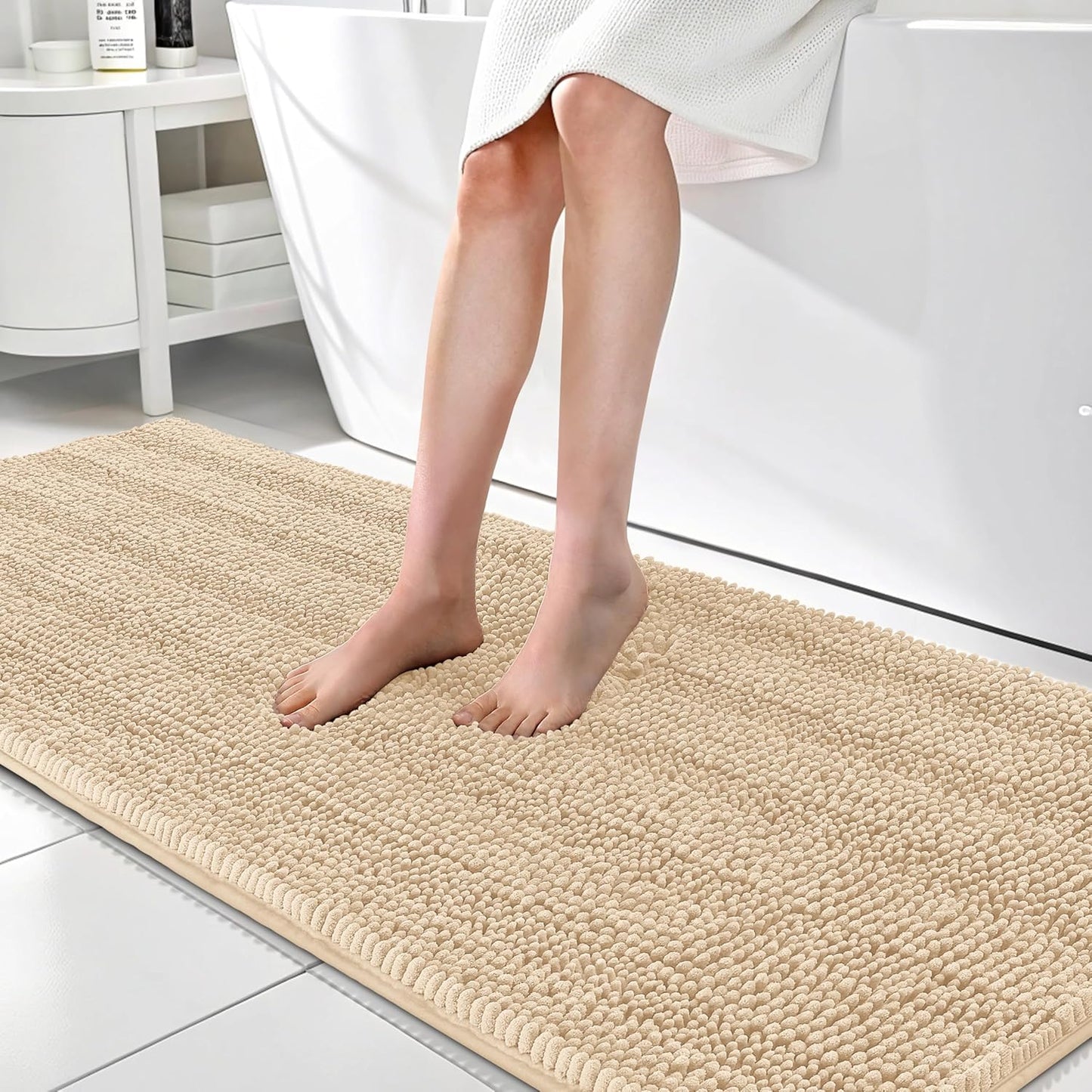 OLANLY Thick Bathroom Rugs 70x24, Extra Soft Absorbent Chenille Striped Bath Rugs, Rubber Backing, Machine Wash Dry, Bath Mats for Bathroom Floor, Tub and Shower, Home Decor Accessories, Beige
