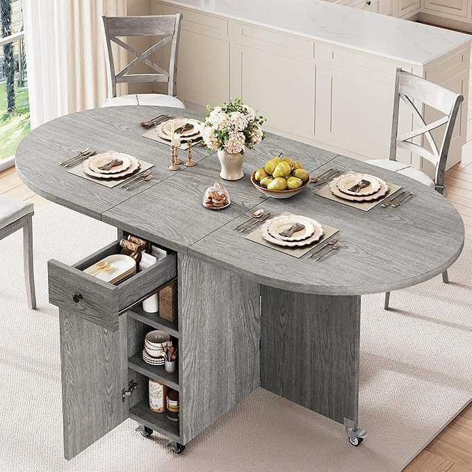 Jocoevol Folding Dining Table for 4 Kitchen Dining Room DinnerTable with Storage Drawer Space Saving Oval Foldable Drop Le...
