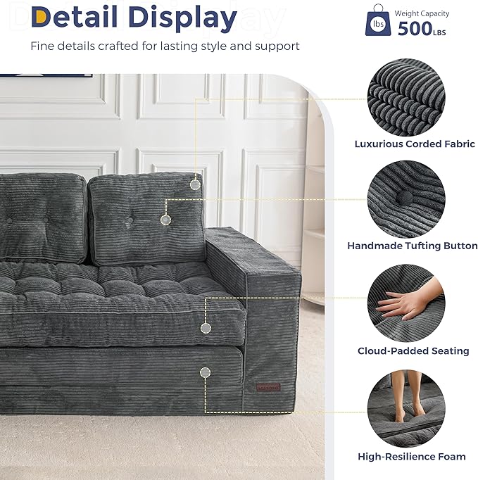 MAXYOYO Convertible Sofa Bed, Pull Out 3 Seater Sleeper Sofa, 2 in 1 Folding Couch Bed, Fold Out Floor Couch with Pillows for Living Room Bedroom Lounge, Dark Grey