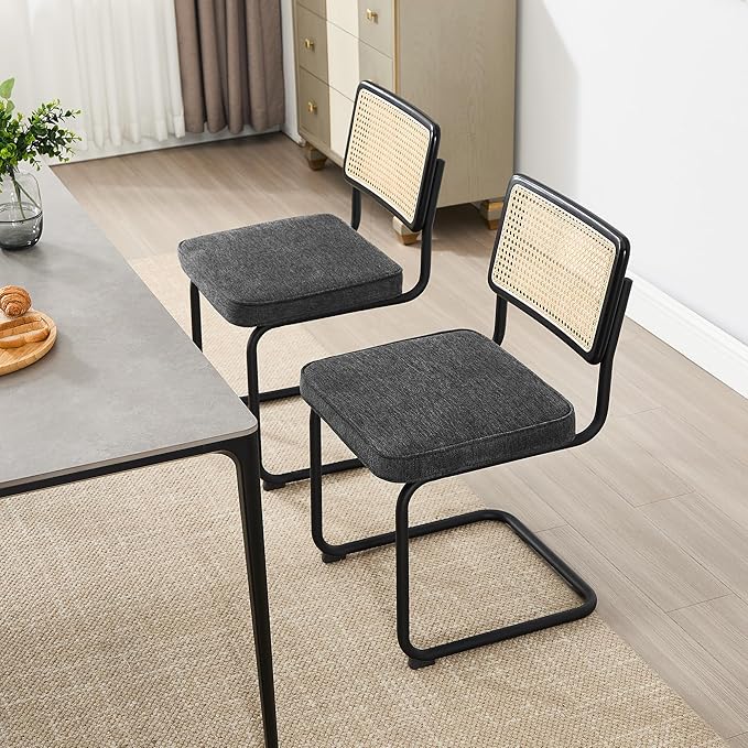 Zesthouse Natural Rattan Dining Chairs Set of 2, Mid Century Modern Dining Chairs with Solid Wood Back & Black Matte Base for Kitchen, Breuer Design Inspired, Upholstered Linen Fabric, Dark Grey