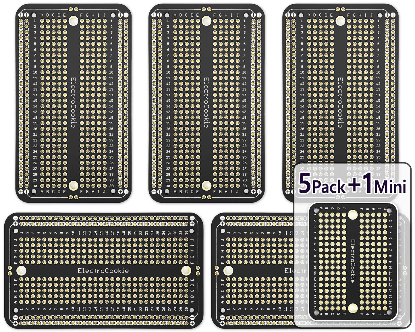 ElectroCookie Prototype PCB Solderable Breadboard for Electronics Projects Compatible for DIY Arduino Soldering Projects, Gold-Plated (5 Pack + 1 Mini Board, Matte Black)