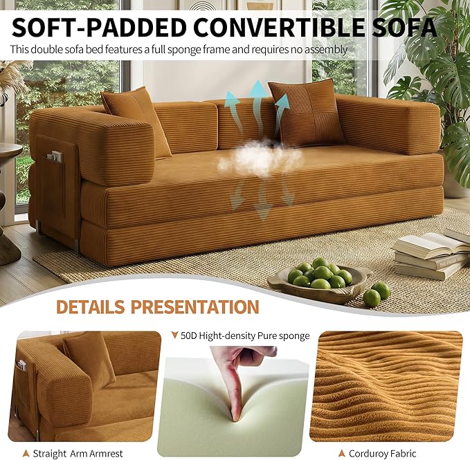 Fancyfire 78.8" Convertible Sofa Bed with Armrest Pillow,4-in-1 Sleeper Couch Bed for Livingroom,Modular Corduroy Boneless couches,No Assembly (Yellow)