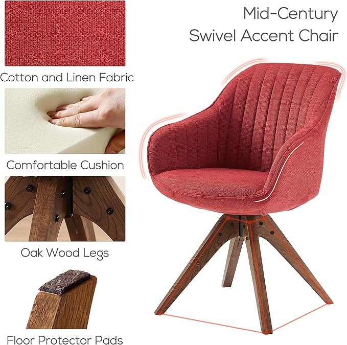 Art Leon Dining Chair - Mid Century Modern Fabric Upholstered Swivel Dining Room Chair with Wood Legs, Leisure Side Chair with Arms for Living Room, Red