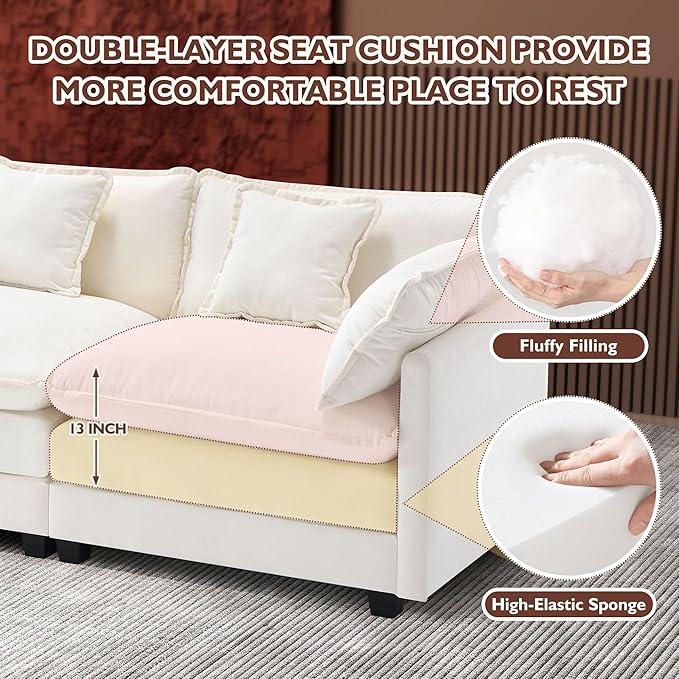 Ihanherry 111.4 Inch 3-Seater Cloud Sofa, Modular Sectional Couch, Modern Deep Seat Sofa for Living Room, Comfy Double Layer Upholstered Seat Cushion, Breathable Chenille Fabric, Beige