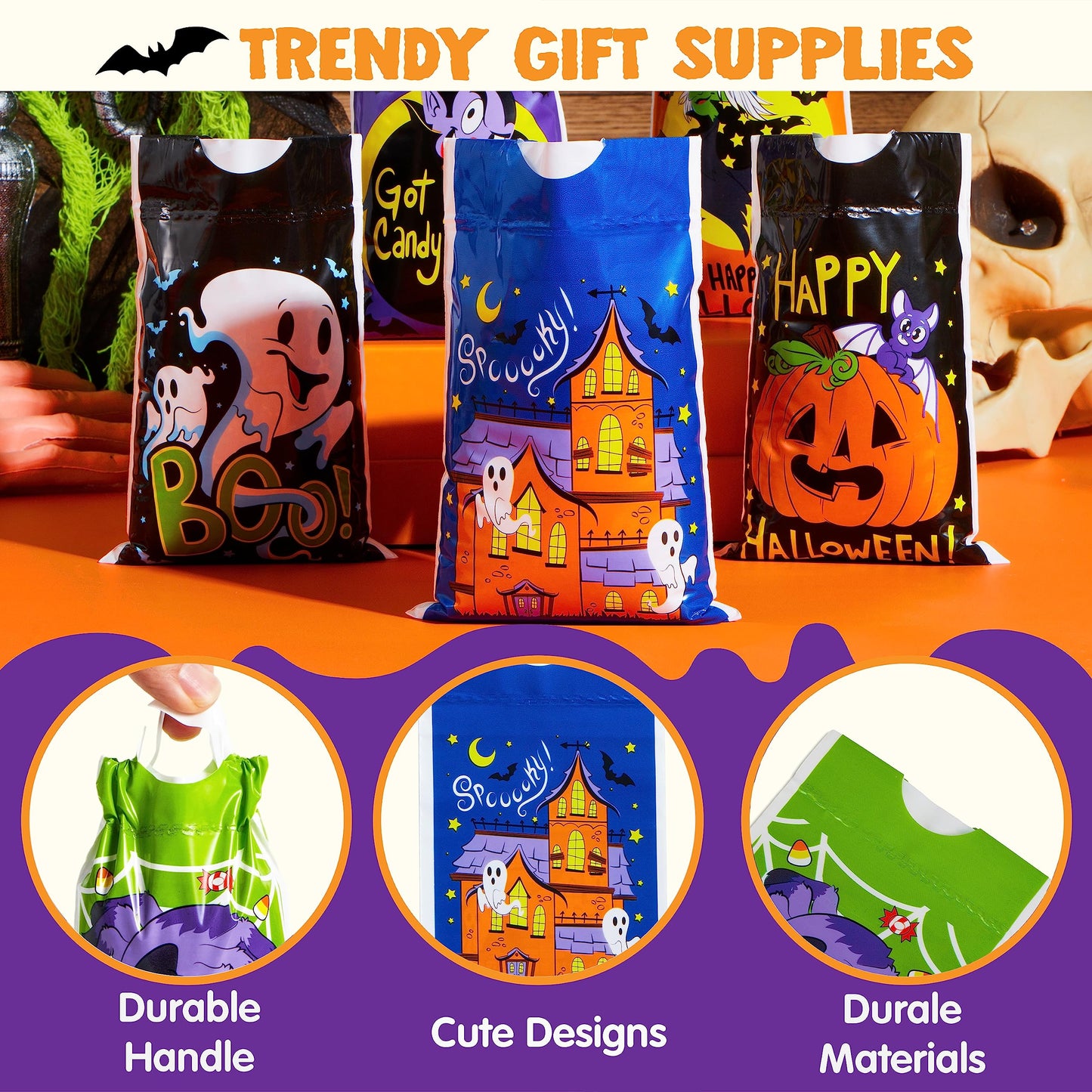 JOYIN 60 PCS Halloween Drawstring Treat Bags, Goodie Candy Trick or Treat Bags Bulk, 6 Design Goody Bag for Trick or Treating, Small Plastic Snack Gifts Bag for Kids Halloween Party Favors Supplies