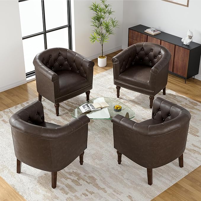 UIXE PU Leather Barrel Club Chairs Set of 4, Modern Arm Accnet Chair Comfy Upholstered Armchair, Nailhead Trim Living Room Single Sofa Reading Seat Bedroom Side Sitting for Office, Chocolate