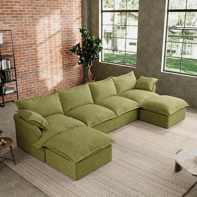 Intuition Decor Modular Convertible Cloud Sectional Sofa,144.5" Large Sofa Set for Living Room,6 Seat U-Shaped Modern Down Fill Sectional Sofa Fabric Modular Couch with Double Chaise,Green