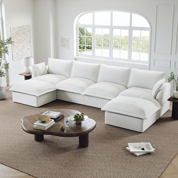Lopzeho 146” Oversized Cloud Modular Sectional Sofa, Comfy Down Filled Cloud Couch with Removable Cover, 4 Seater Modular Couch with 2 Ottomans, U Shaped Sectional Couches for Living Room, Cream White