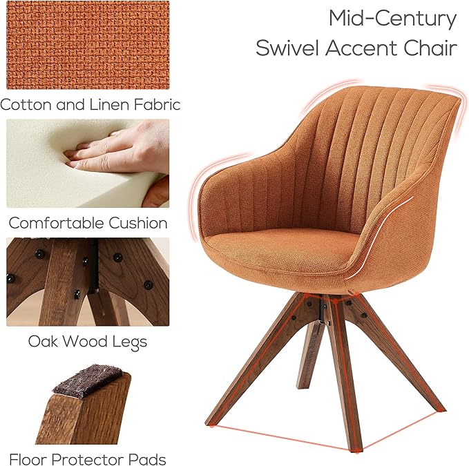 Art Leon Dining Chair, Mid Century Modern Fabric Upholstered Swivel Dining Room Chair with Wood Legs, Leisure Side Chair with Arms for Living Room, Caramel