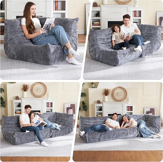 HABUTWAY Bean Bag Chair, Memory Foam Bean Bag Chairs for Adults, Fireside Corner Chair Lazy Floor Corner Sofa for Living Room, Bedroom, Dorm, Office (Grey)