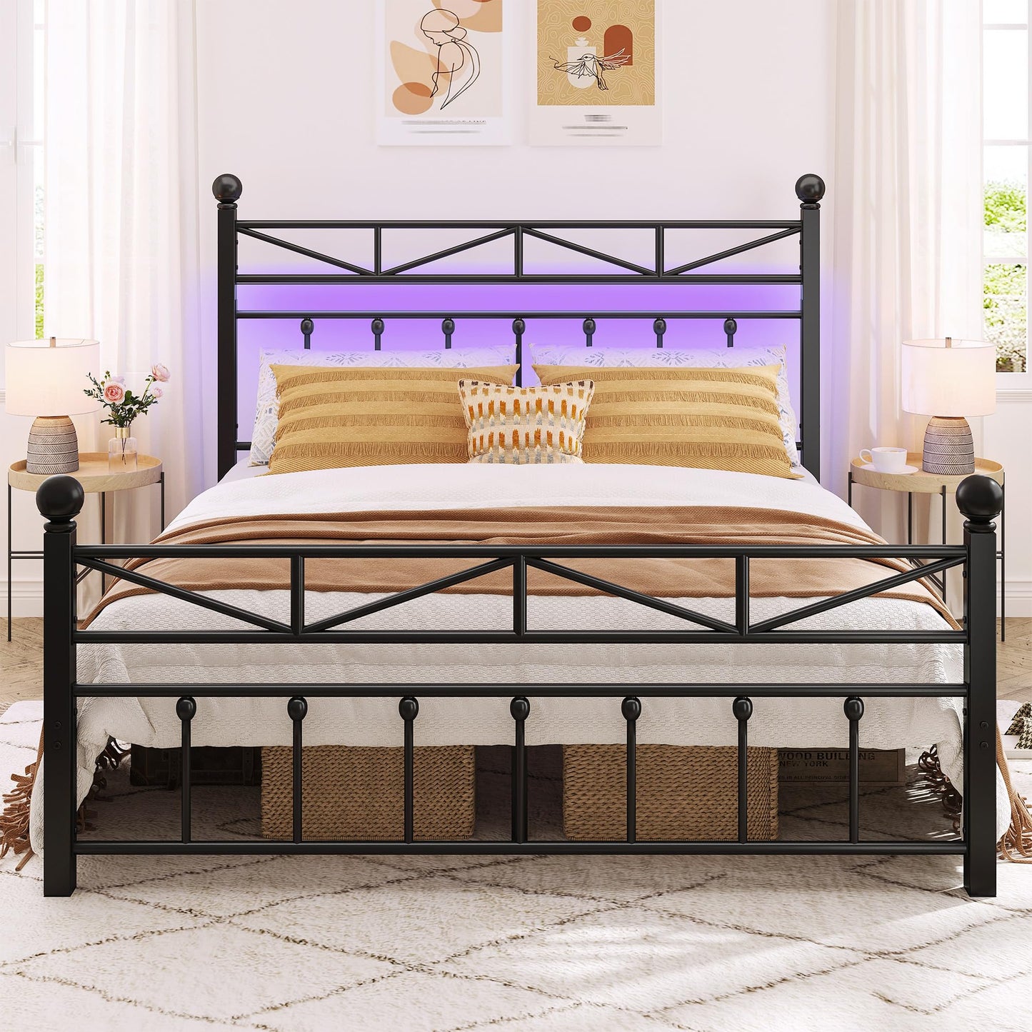 EnHomee 54" Contemporary Metal Bed Frame Queen Size with Tall Headboard, LED Light Queen Size Bed Frame, Sturdy Metal Slats Support with Under Bed Storage/Easy to Put Together/Black