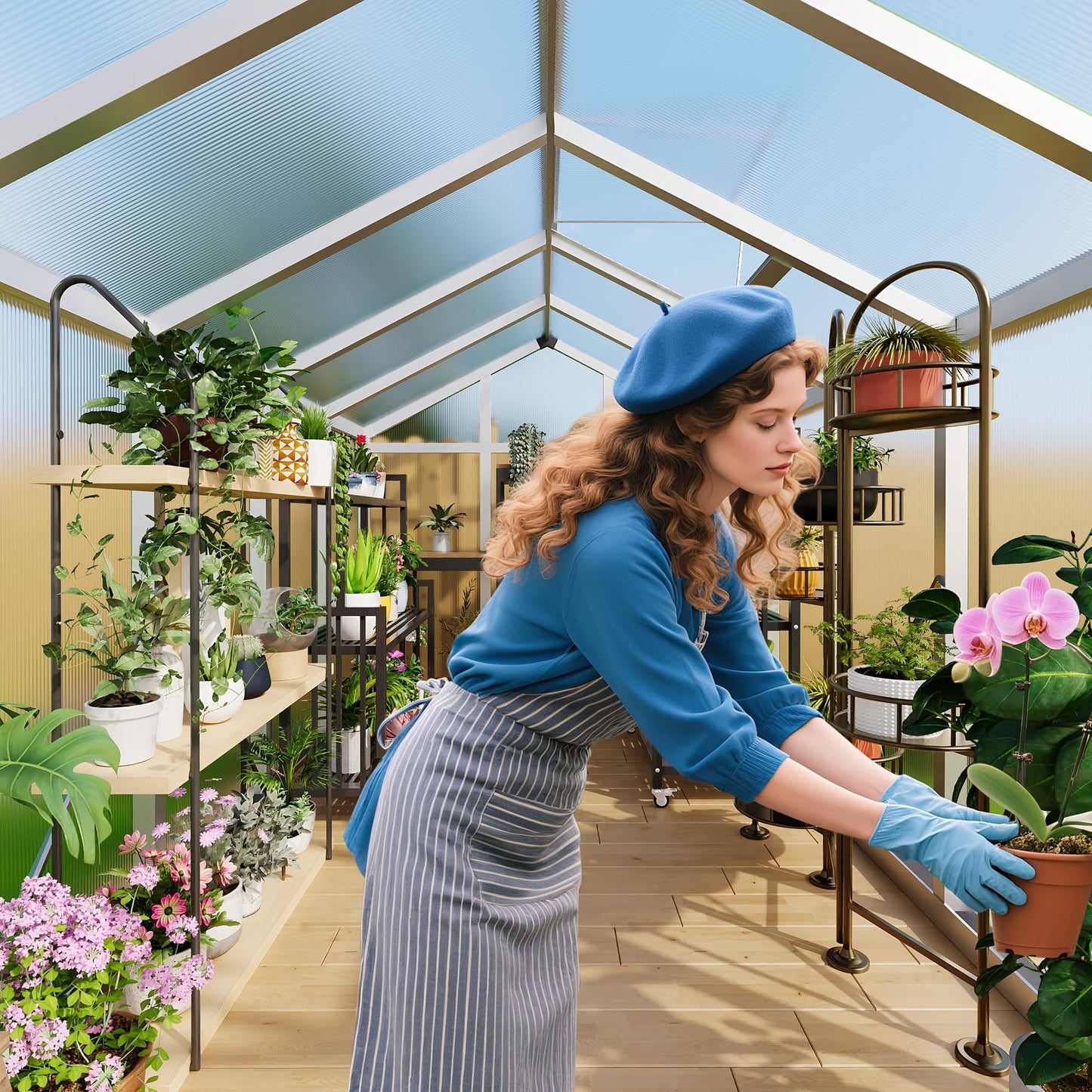 Greenhouse, 8x10 Ft Outdoor Greenhouses, Greenhouse Kit, Portablee Greenhouses with Ground Nails and Vent Windows, Sliding Lockable Door, Polycarbonate Green House for Outside Garden Backyard, White