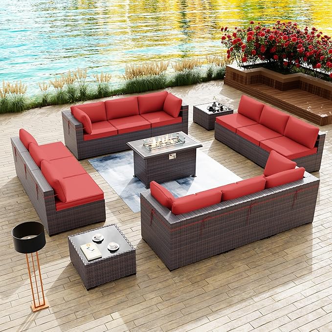 Kullavik 15 Pieces Outdoor Patio Furniture Set with 43" Gas Propane Fire Pit Table PE Wicker Rattan Sectional Sofa Patio Conversation Sets,Red Cushions