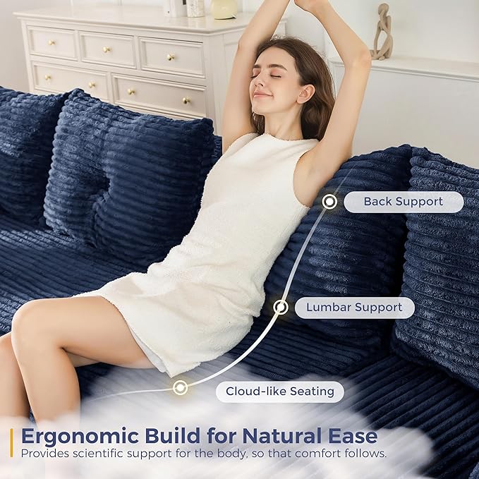 MAXYOYO 132" Oversize Modular Sectional Couch with L-Shape Chaise, Modern Boneless Couch for Living Room, Sofa in A Box, Oversized Sofa Sleeper with Deep Seat, No Assembly Required, Navy