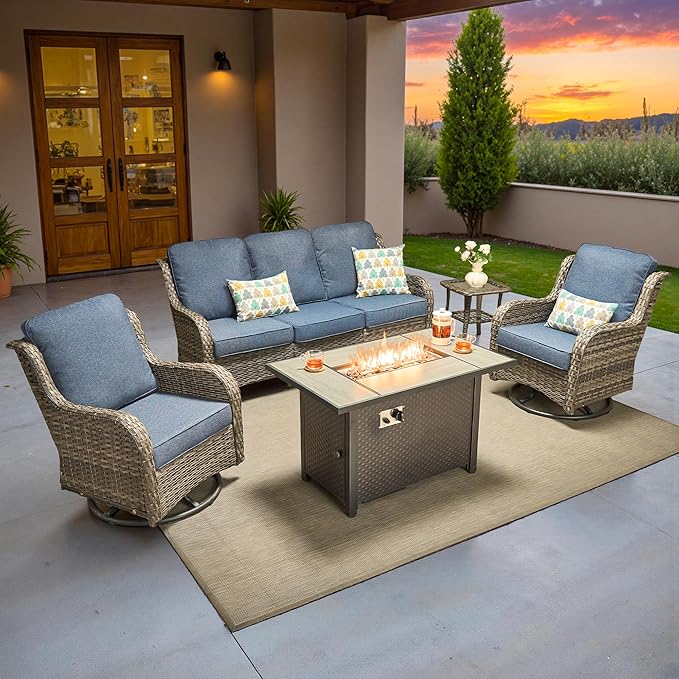 ovios 5 Pieces Patio Furniture Set, Outdoor Wicker Sofa Couch with Swivel Chairs 42" Fire Pit Table, High Back Modern All Weather Conversation Sets, Grey Rattan, Denim Blue