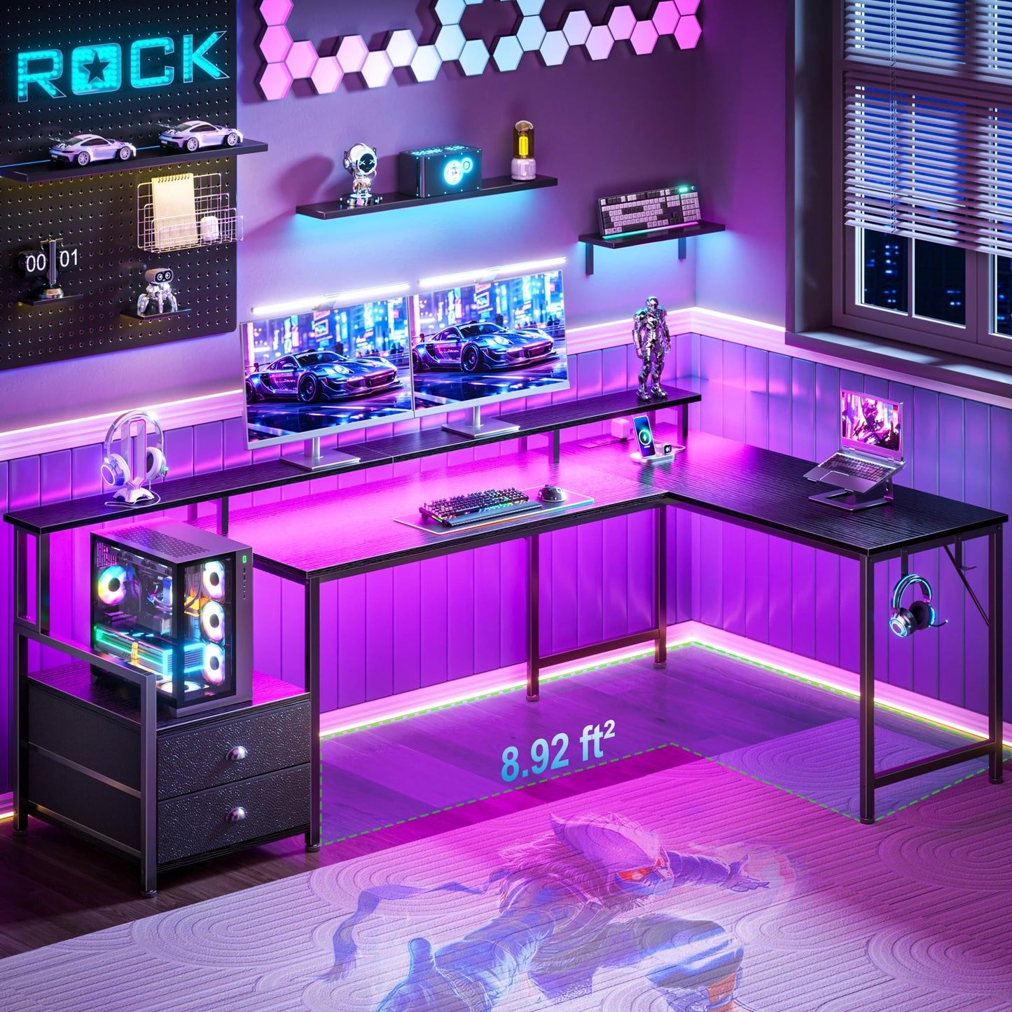 Korfile 66'' L Shaped Gaming Desk with Drawers and Storage Shelves, Reversible Corner Desk with Power Outlets and Host Stand, Large Computer Desk with Led Lights for Gaming, Work, Home Office, Black