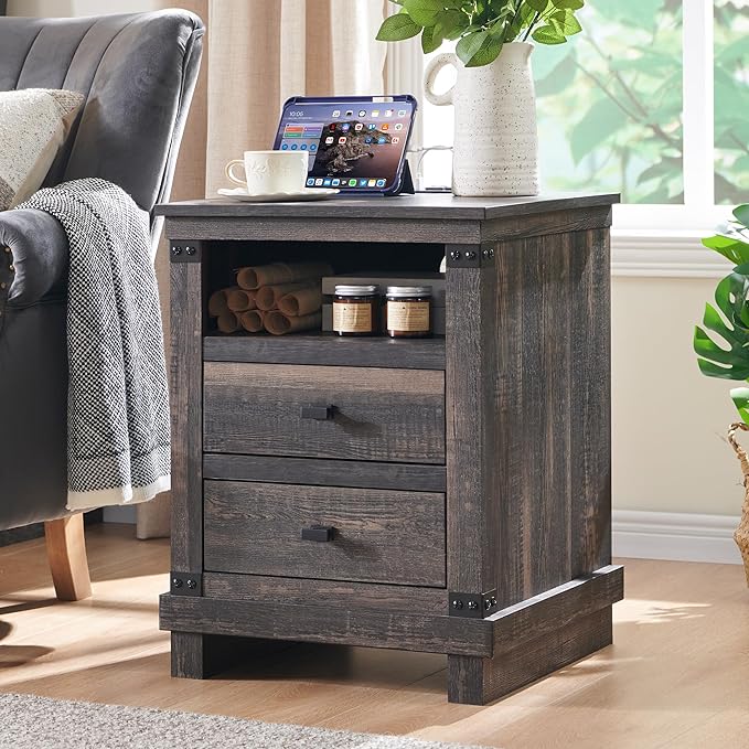 RedLemon Farmhouse Nightstand with Charging Station, 18" Rustic Night Stand with 2 Storage Drawers, Wood End Table for Bedroom, Living Room, Dark Rustic Oak Color