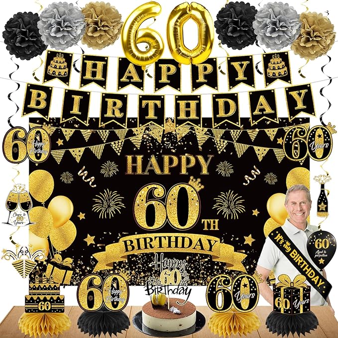Eucutur 42PCS 60th Birthday Decoration Kit for Men Women, Black Gold Happy 60th Bday Banner Balloons Honeycomb Centerpiece...