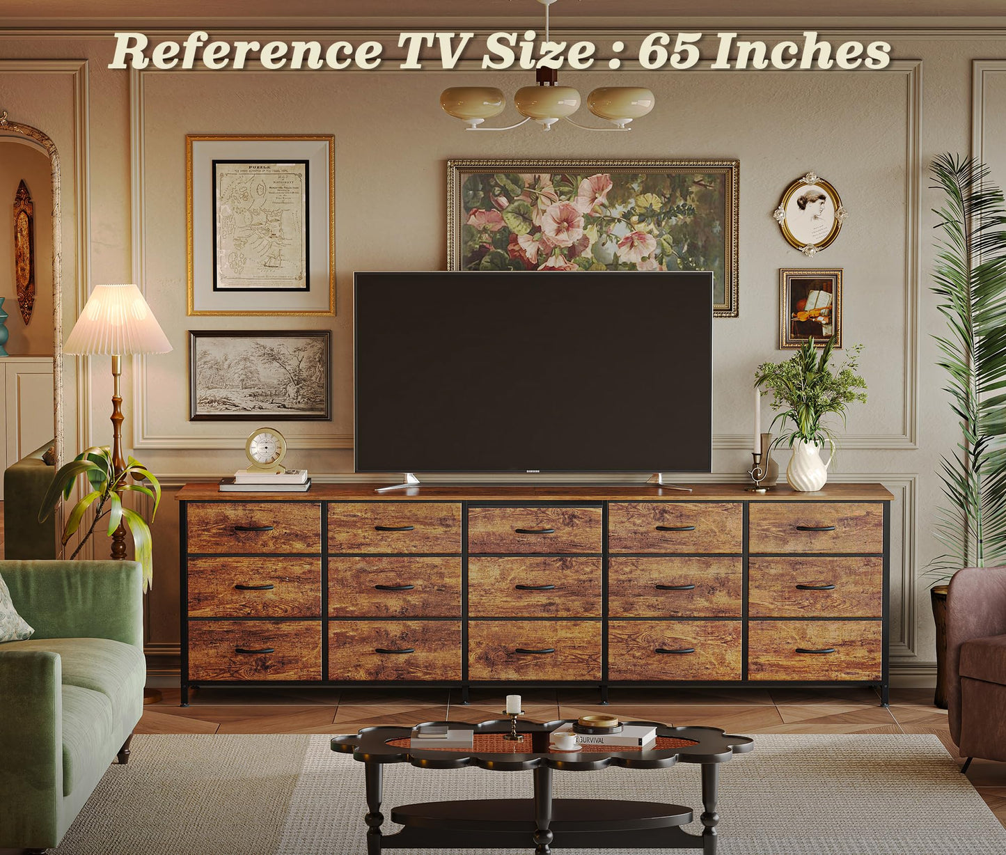 Huuger 78.7 inch Long Dresser for Bedroom, 15 Drawer Fabric Dresser for Closet, Large TV Stand for 65, 75, 85 inch TV, Wide Chest of Drawer with Storage, 78.7" W x 12.9" D x 26.7" H, Rustic Brown