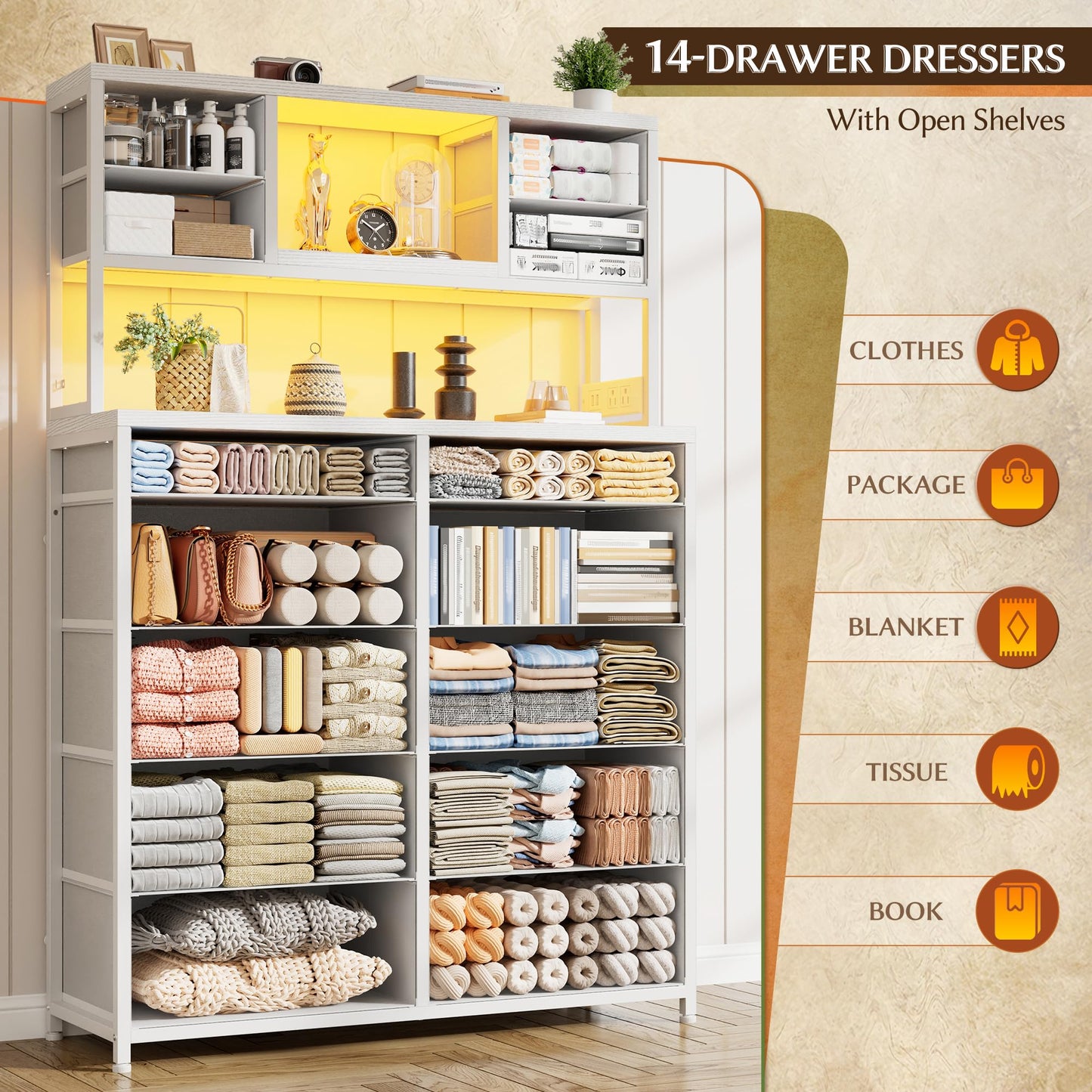 Tall Dresser for Bedroom with 14 Fabric Drawers,White Dresser with Charging Station and LED Lights,Dressers & Chests of Drawers for Bedroom, Steel Frame & Wooden Top for Closet, Entryway