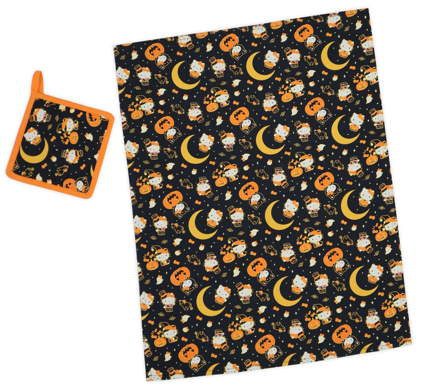 Handstand Kitchen Hello Kitty Spooky Season Halloween Print 100% Cotton Kitchen Towel and 7" Potholder Set