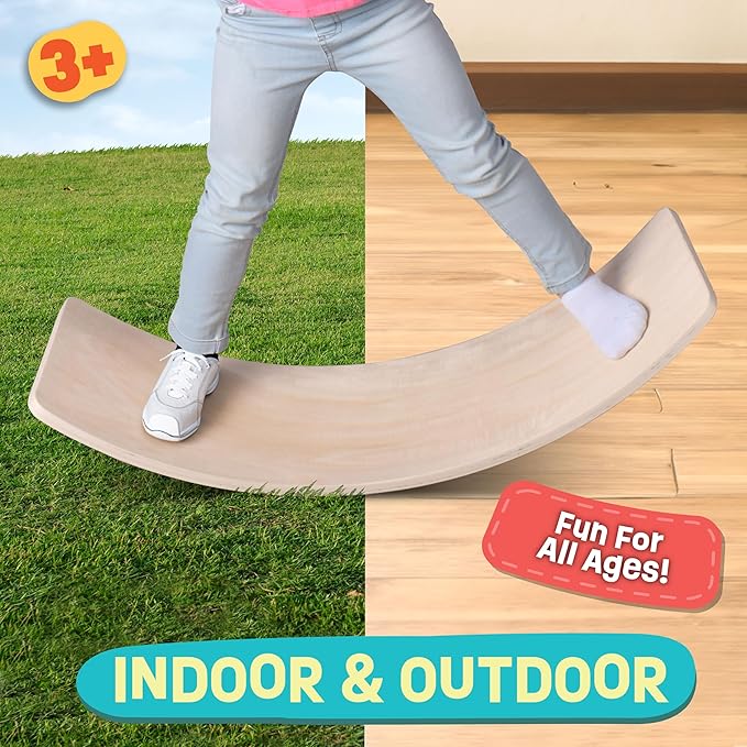 Acorn Avenue Non Slip Balance Board, 35 Inch Non Slip Felt Rocker Board Durable Wood, Kids Toddler Open Ended Learning Toy, Yoga Curvy Board
