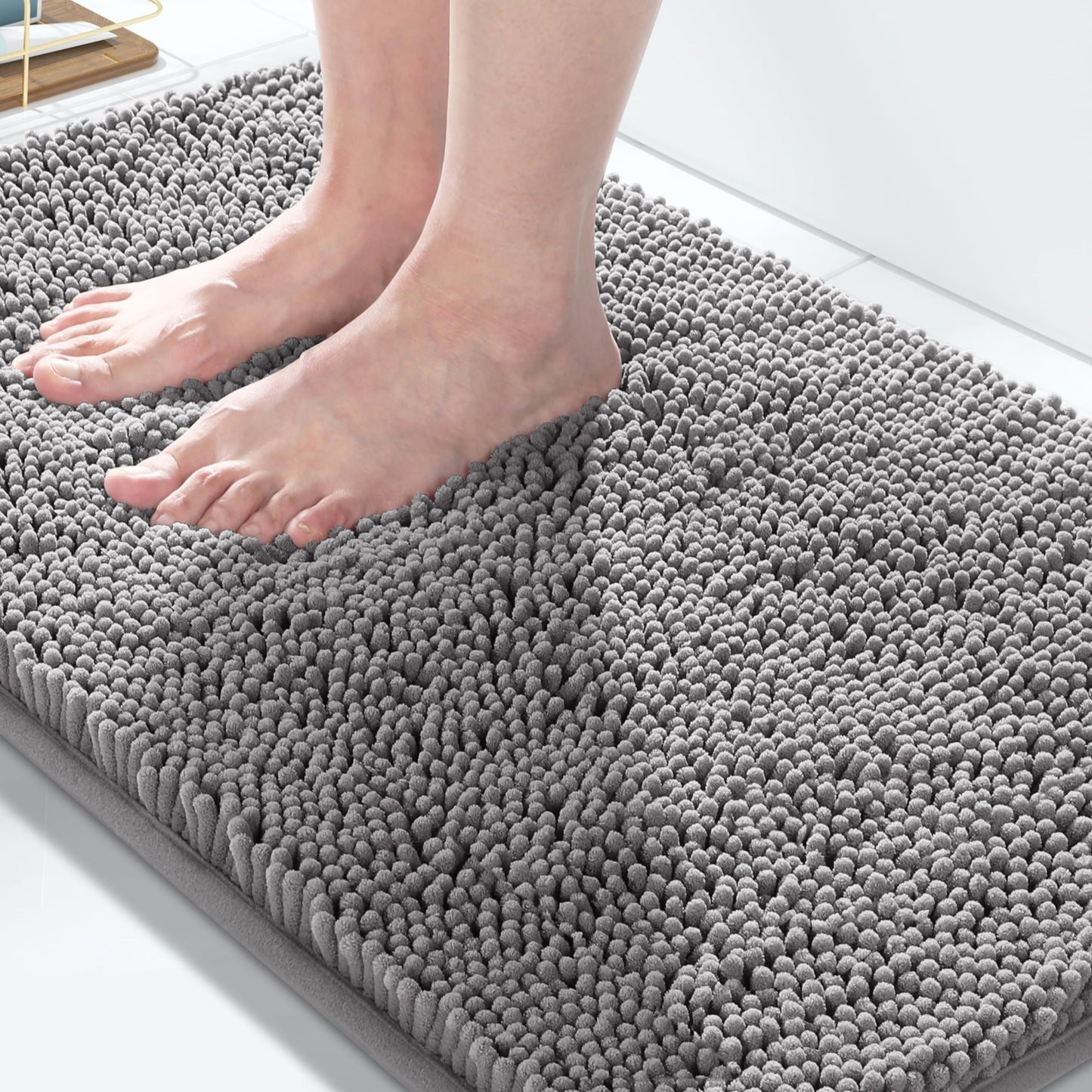 Yimobra Chenille Bathroom Rugs - 24"x17" Super Luxury Soft & Absorbent Quick Dry - Non Slip Bath Mat for Tub Shower - Machine Washable - Gray