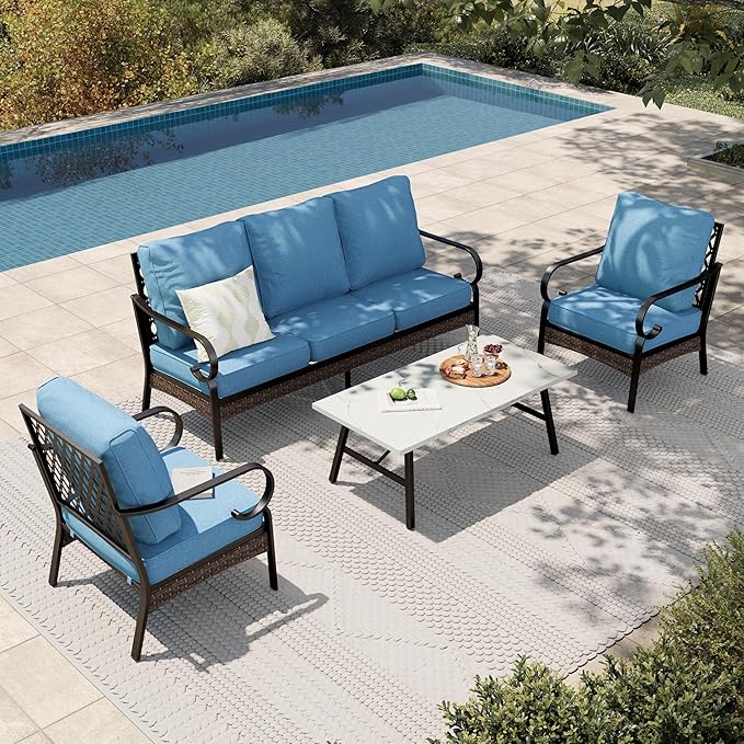 HERA'S HOUSE 4 Piece Metal Patio Furniture Set, All Weather Outdoor Conversation Set with 3 Seat Sofa, 2 x Cushioned Fixed Chair & Coffee Table, Seats 5 for Backyard, Garden, Deck, Navy Blue