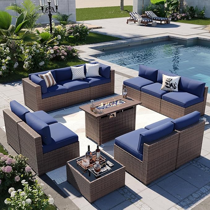 Aoxun Patio Furniture Sets, 12-Piece Outdoor Patio Furniture with 44'' Propane Gas Firepit Table, Wicker Outdoor Conversation Set Sectional Sofa for Backyard, Poolside, Garden