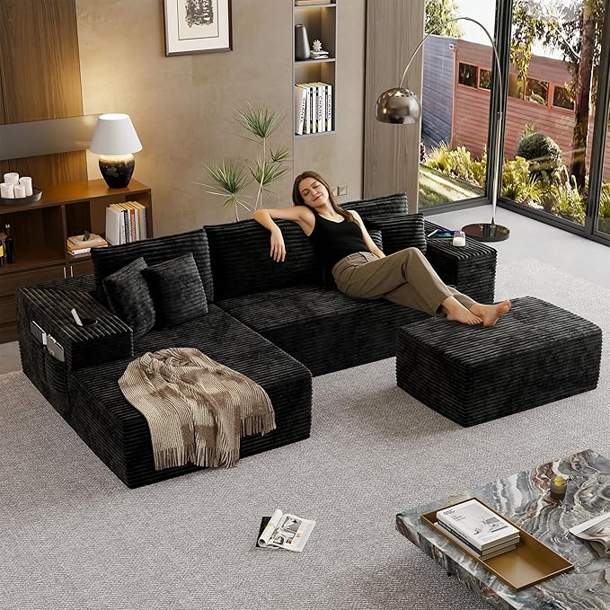 Cibert 104.3" Modular Sectional Sofa with Ottoman, Black Boneless Couch Left Facing Chaise U Shaped Couches with USB Ports, 2 Cup Holders, 2 Storage Bags & Lint Remover, No Assembly Sectional Couch