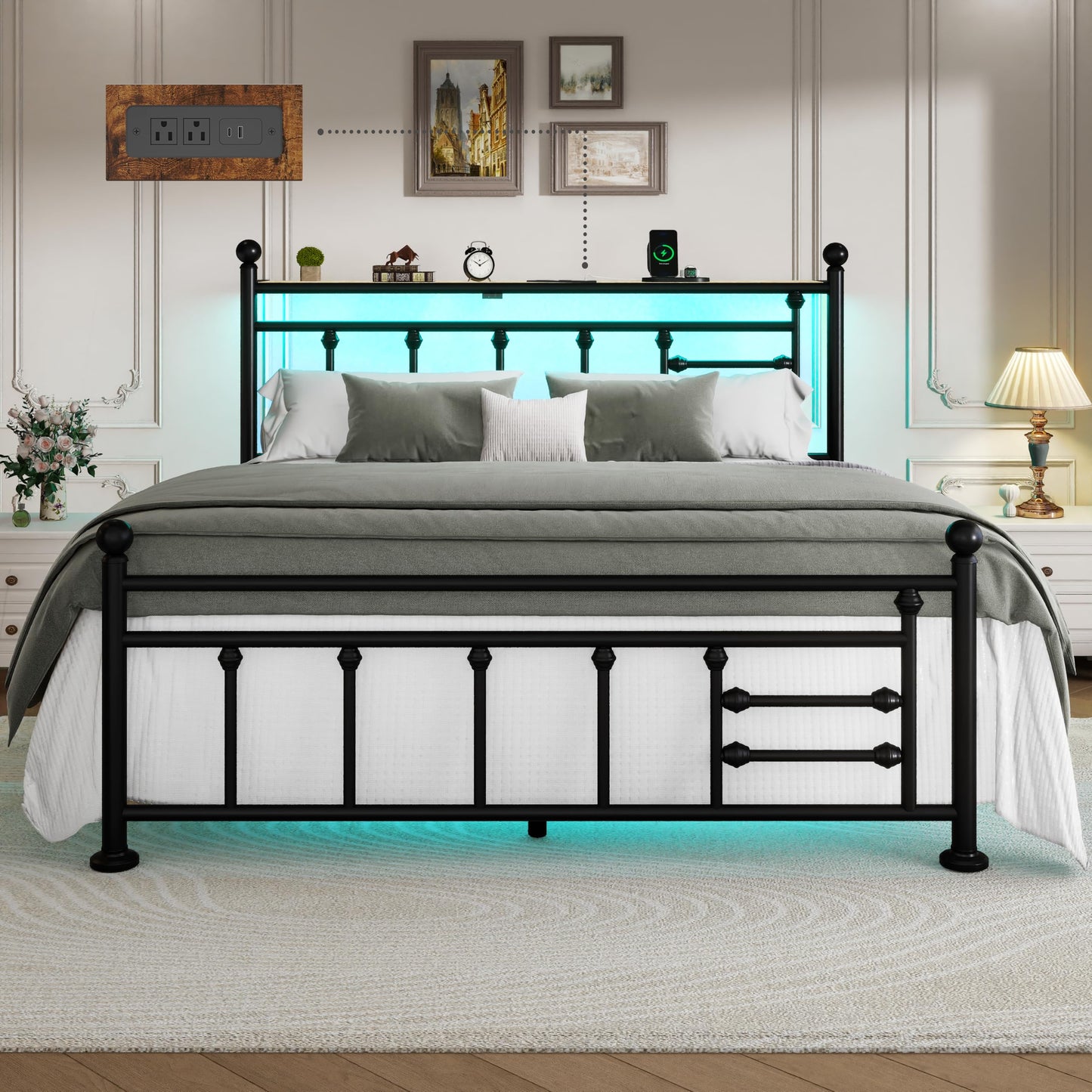 ChicZhiNest Queen Bed Frame with Charging Station & LED Lights, Noise Free Metal Platform Queen Size Bed Frames with Victorian Headboard and Storage Shelf, No Box Spring Needed, Easy Assembly, Black