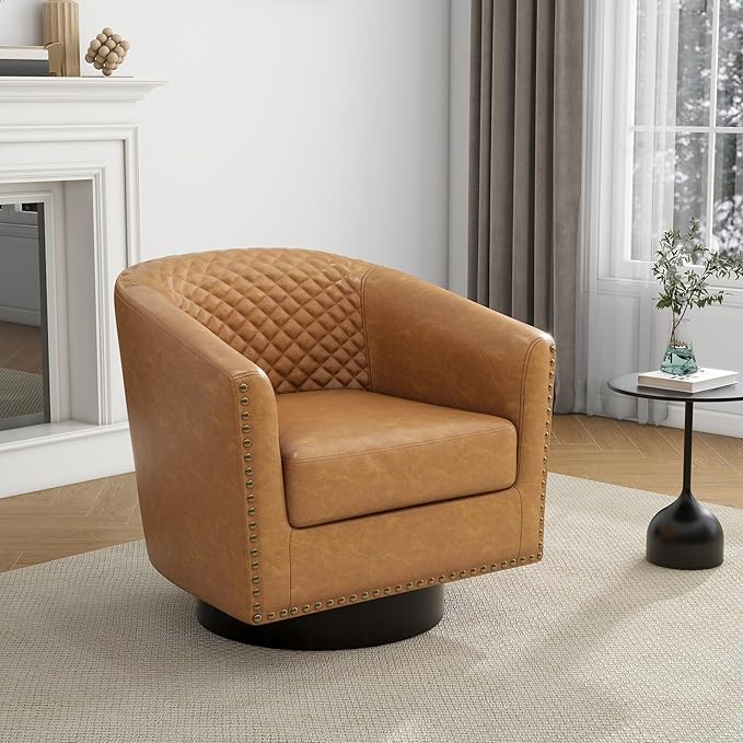 UIXE Faux Leather Swivel Barrel Accent Chair, Upholstered Round Armchair Club Chair for Living Room, Comfy Single Sofa Bedroom Reading Seat - Coffee