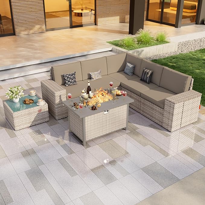 PCSXDSW 7 Pieces Patio Furniture Set, Outdoor Modular Sectional Couch Conversation Set with Wide Armrests, Wicker Seating Group Sofa with Coffee Table and Fire Pit for Backyard Deck (Khaki Cushions)