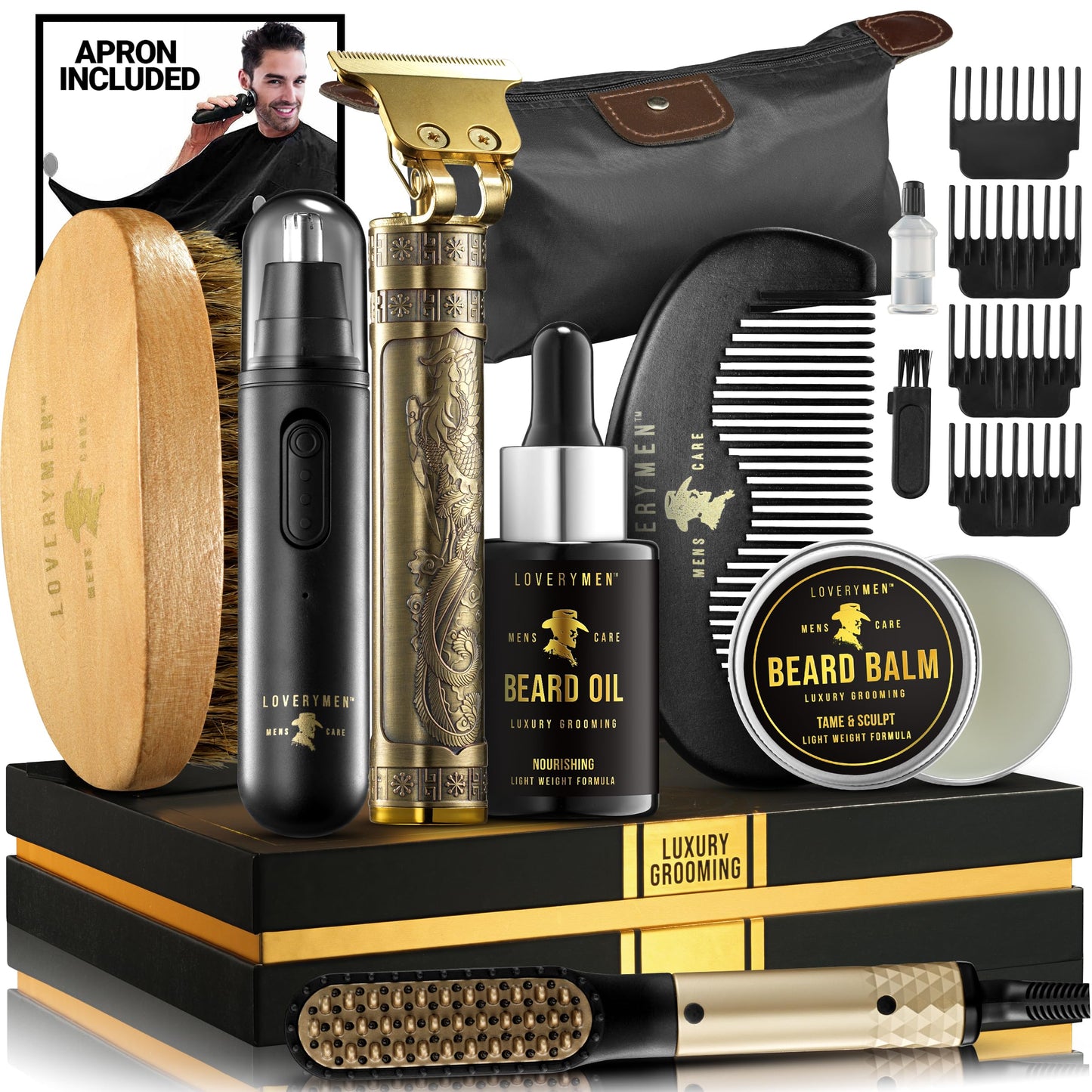 Christmas Gifts for Men, Dad, Him - Mens Grooming Beard Kit, Beard Trimmer, Nose Hair Trimmer, Hair Straightener Brush, Oil, Balm & More, 15pc Beard Kit for Men Care Mens Gift Birthday
