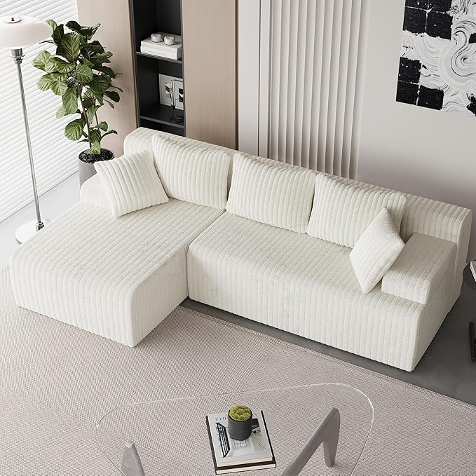 LAUSAINT HOME 96" Modular Sectional Sofa Couches, L-Shaped Boneless Cloud Sofa with 3 Deep Seat, 5 Cushiones Oversized Chaise for Living Room, Bedroom, Plush Corduroy Fabric (Left, Beige)