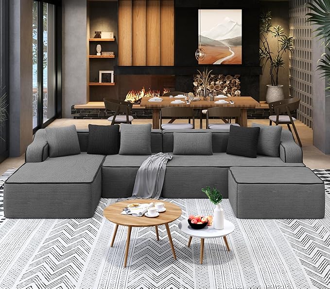 SUNSHINE VALLEY U Shaped Boneless Modular Cloud Couch, 133.5'' Oversized Corduroy Sectional Sofa for Living Room, 6-Seat Upholstered Modern Couch with Deep Seat, No Assembly Required, Grey