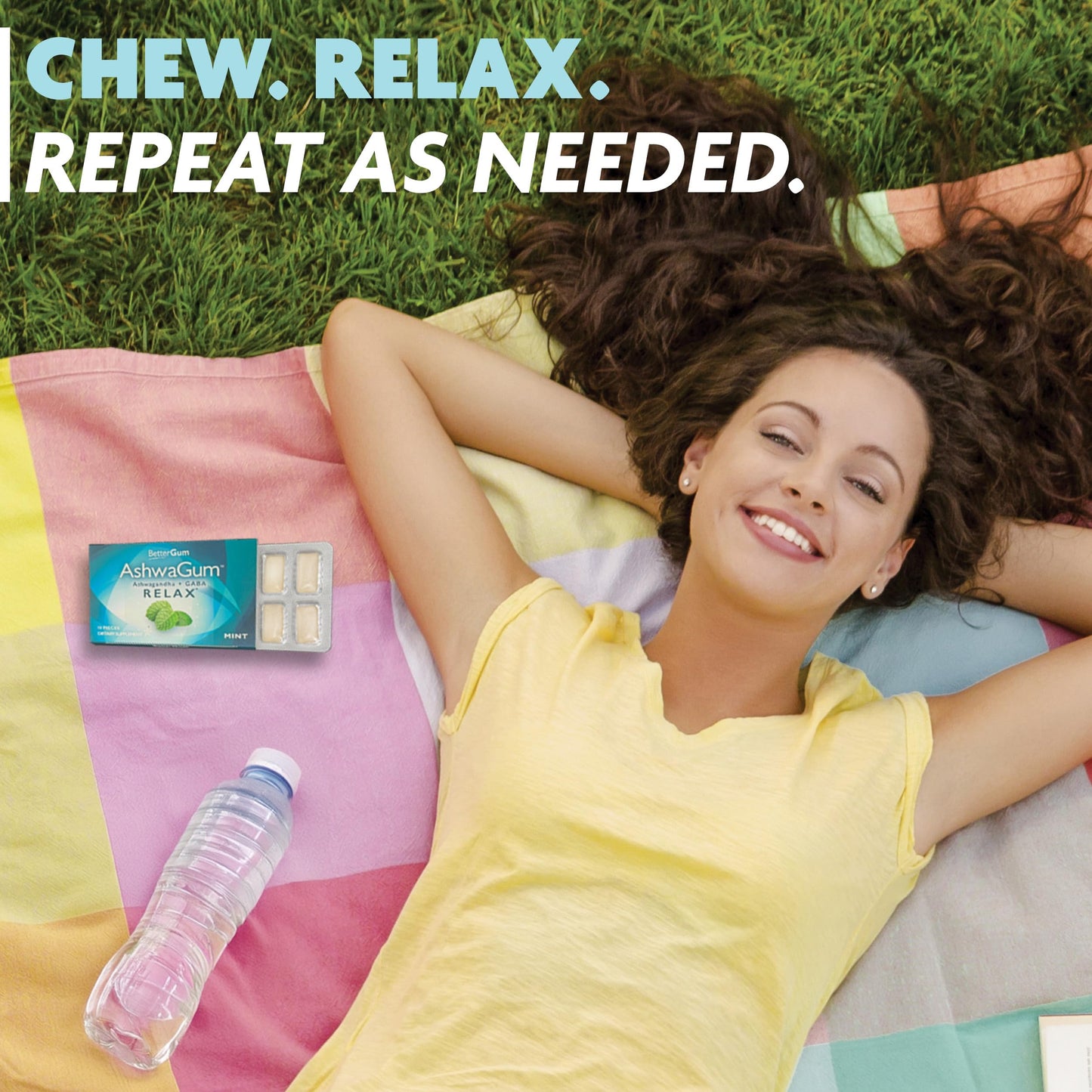 AshwaGum RELAX Gum by BetterGum, High Potency Supplement with KSM 66 Ashwagandha and Gaba, Supports Stress and Anxiety Relief, Cortisol Support, Alternative to Gummies, Sugar-Free, 10 Pieces - 6 Pack
