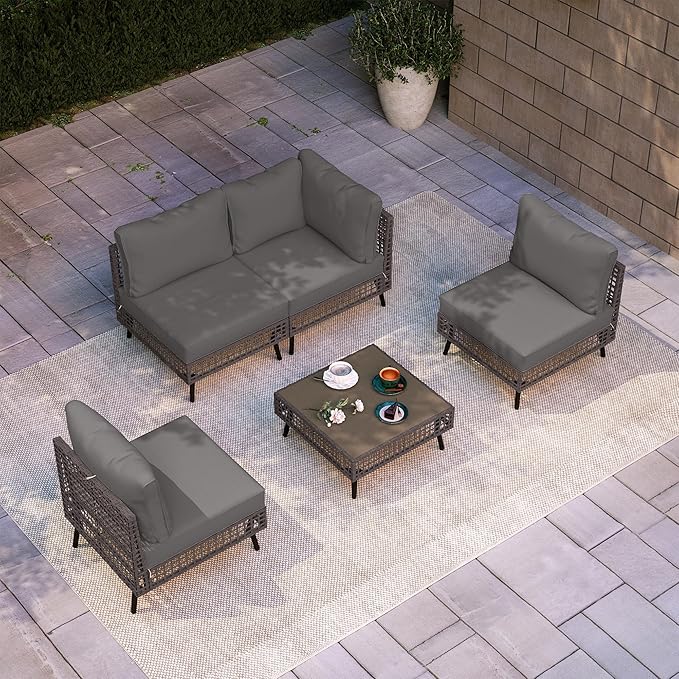 LAUSAINT HOME 5 Pieces Outdoor Sectional Sofa Set, All-Weather PE Wicker Rattan Patio Conversation Set with Thick Cushions & Coffee Table, Patio Furniture Set for Garden, Backyard, Porch (Grey)