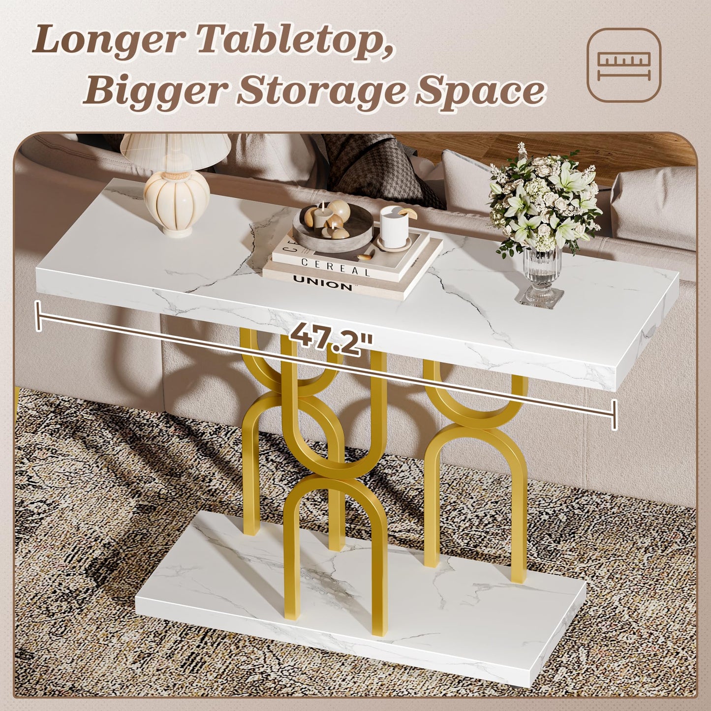 Huuger 47.2 Inch Entryway Table with Marble Top, Modern Console Sofa Table, Accent Table, for Entry, Hallway, Entrance, Foyer, U-Shaped Metal Base, White Marble & Gold