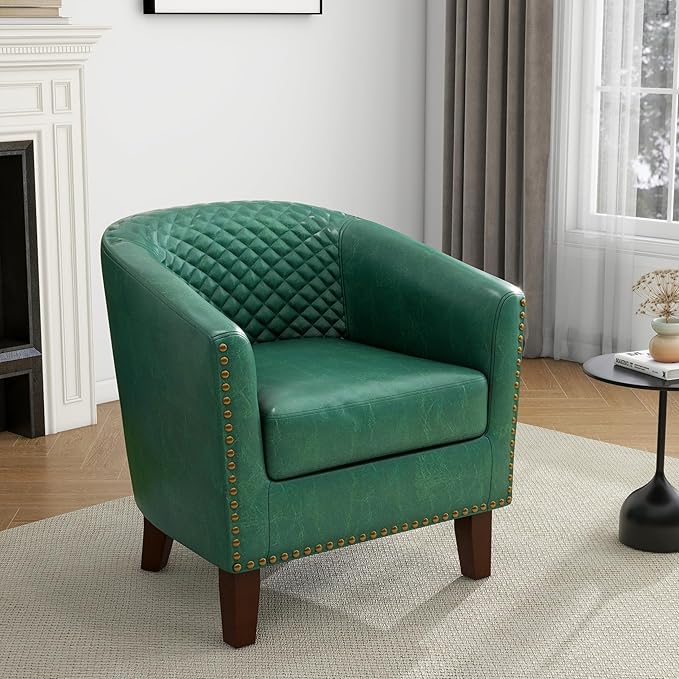UIXE Faux Leather Barrel Accent Chair Modern Club Arm Chair, Comfy Upholstered Armchair Nailhead Trim Living Room Single Sofa Reading Seat Bedroom Side Sitting for Office Home, Green
