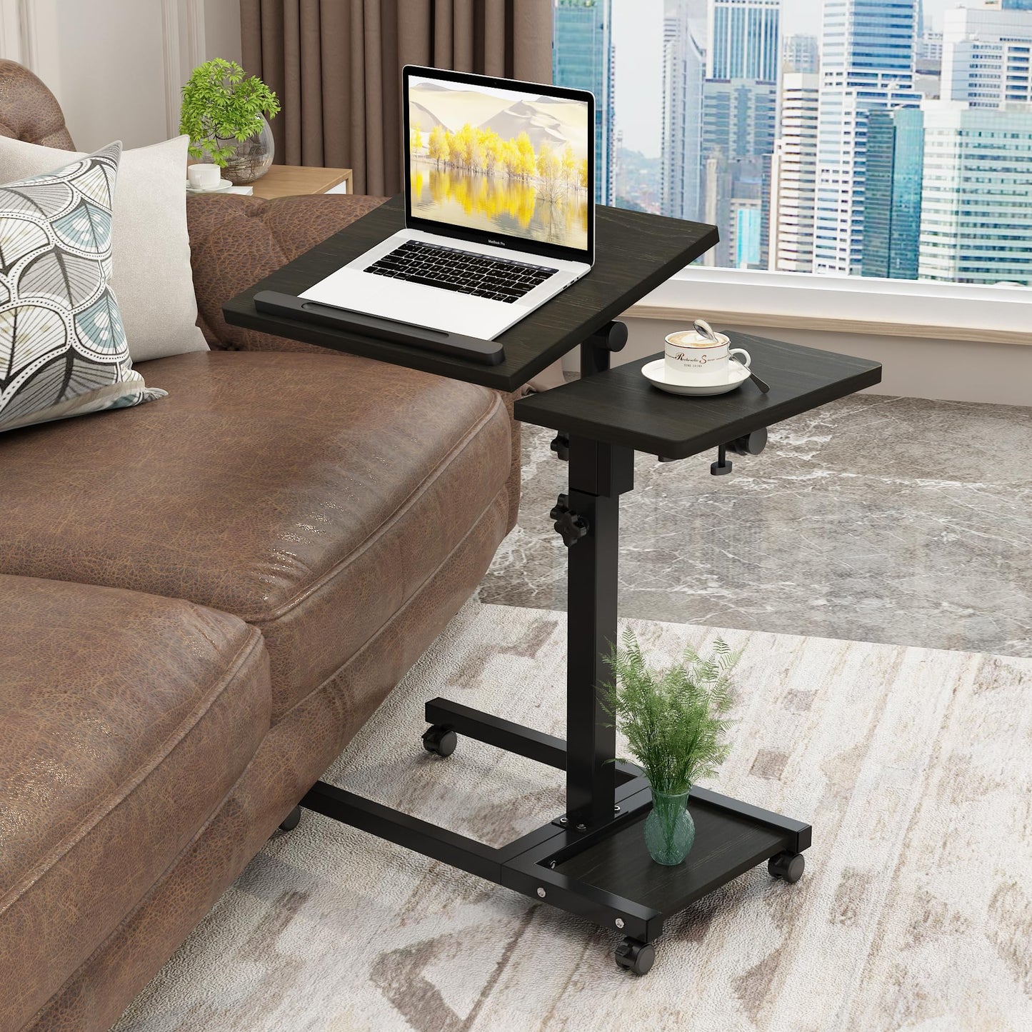 Laptop Desk Stand for Bed Portable Desk Overbed Bedside Table Mobile Rolling Foldable Table Adjustable Height with Locked Wheels & Mouse Pad Office Sofa