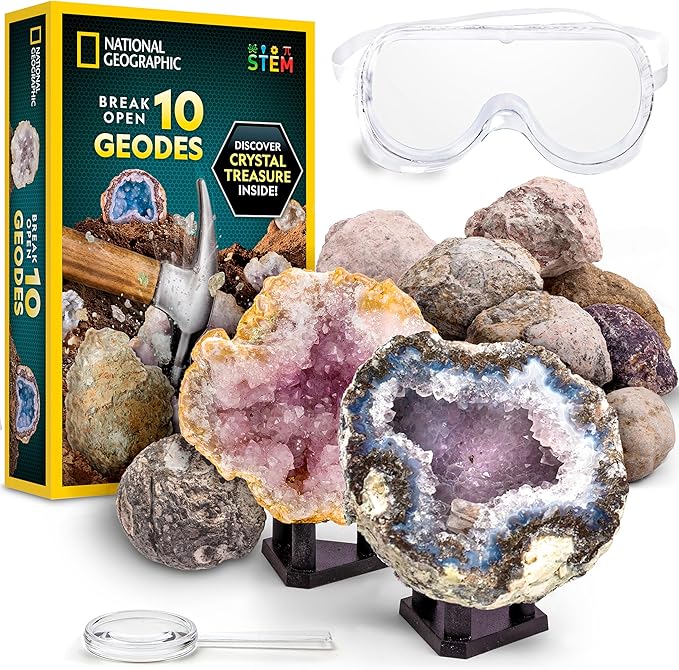 National Geographic Break Open 10 Premium Geodes – Includes Goggles & 2 Display Stands - Great STEM Science Kit, Geology G...