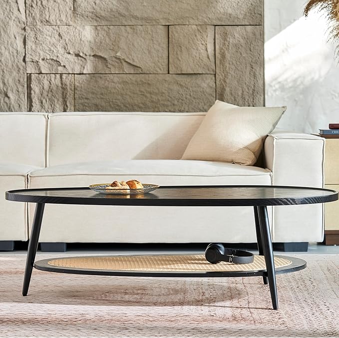 Saint Mossi Oval Wood and Rattan Coffee Table for Living Room, Mid-Century Modern Wood Coffee Table, Center Table for Small Space, Black and Rattan Board, D47xW23.6xH15