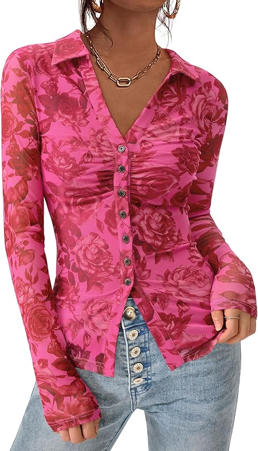 PRETTYGARDEN Women Button Down Floral Shirts 2026 Fall Trendy Long Sleeve V Neck Mesh Boho Blouse Spring Tops Date Outfits
