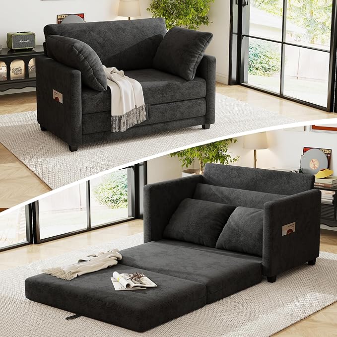 kakuboohi 51" Loveseat Sleeper Sofa Bed, Chenille Convertible Floor Sofa Bed for Small Spaces, Folding Couch Bed with Deep Seat, 2 Pillows & Solid Frame, Pull Out Floor Couch for Living Room, Black