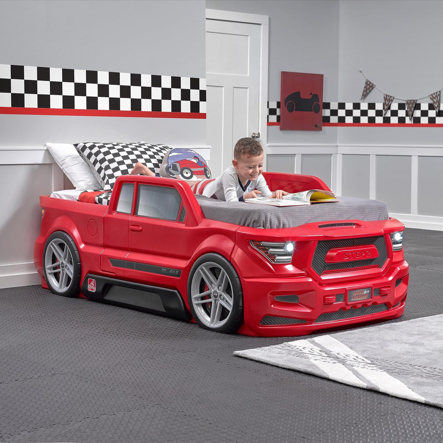 Step2 Turbocharged Twin Size Truck Car Bed, Car Bed for Boys & Girls, Working Headlights & Built-In Storage, Made of Durable Plastic, For Toddlers 3+ Years Old, Vibrant Red